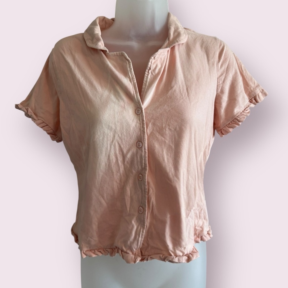 Nasty Gal Peach Button Front Ruffle Trim Shirt Short Sleeve Size 6